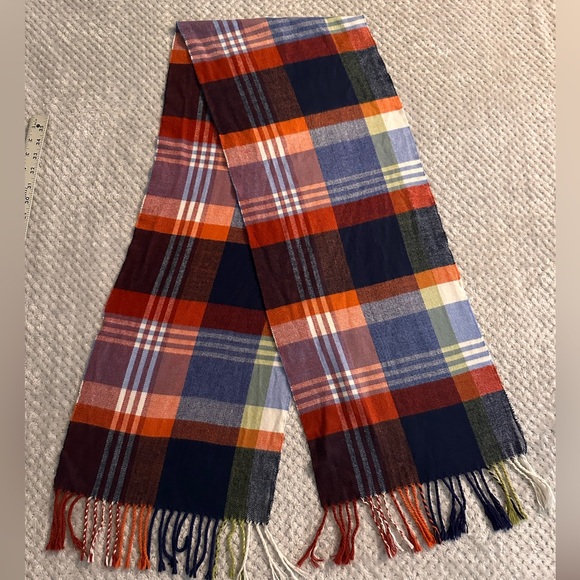 Soft Cashmere Viscose Blend Plaid Scarf - orange, blue, white, green colors - Picture 1 of 7